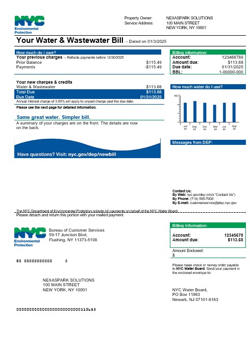 USA The New York City Department of Environmental Protection (DEP) business utility bill template in Word and PDF formats